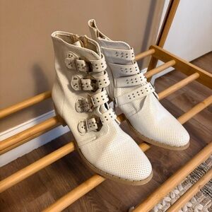 Ivory Perforated Buckle Strap Ankle Boots - Women